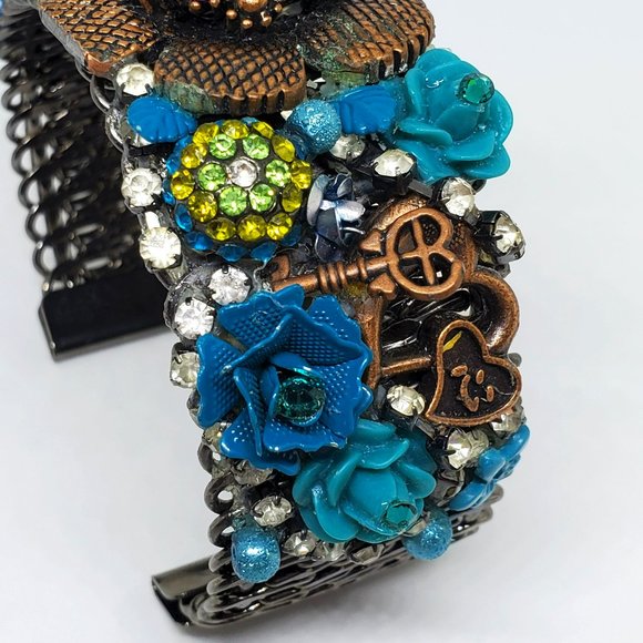 Victorian Steampunk High Detail Copper Turquoise Rose Rhinestone Cuff Bracelet - Picture 5 of 14
